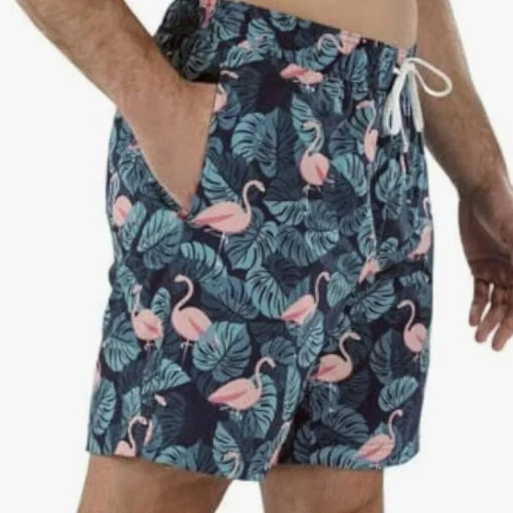 Men's Large Teal Flamingo Vacation Resort Swimming Lined Drawstring Trunk Shorts